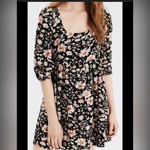 American Eagle Outfitters Black Mini Dress with Peach and White Floral Print